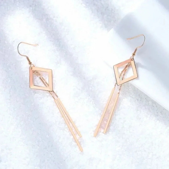S925 Rose Gold Geometric Drop Bar Dangle Earrings - Picture 3 of 4